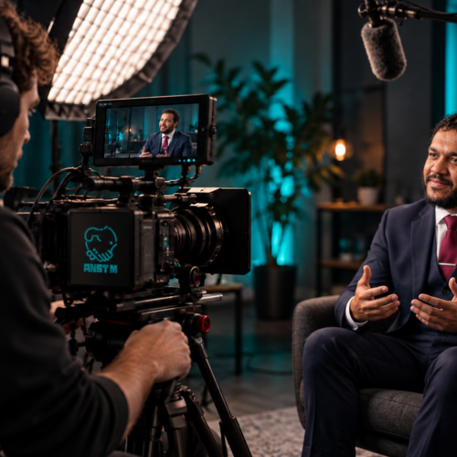 Waleed in an illustrated ANSTM video production scene